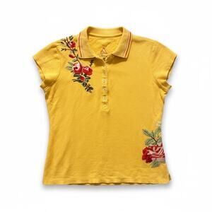 Johnny Was LA Yellow Embroidered Floral Polo Top XL Boho Artsy Cottagecore
